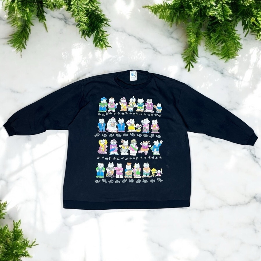 Vintage 1992 Cat Sweatshirt Black Novelty Graphic Crewneck 90s Kitty Cats
